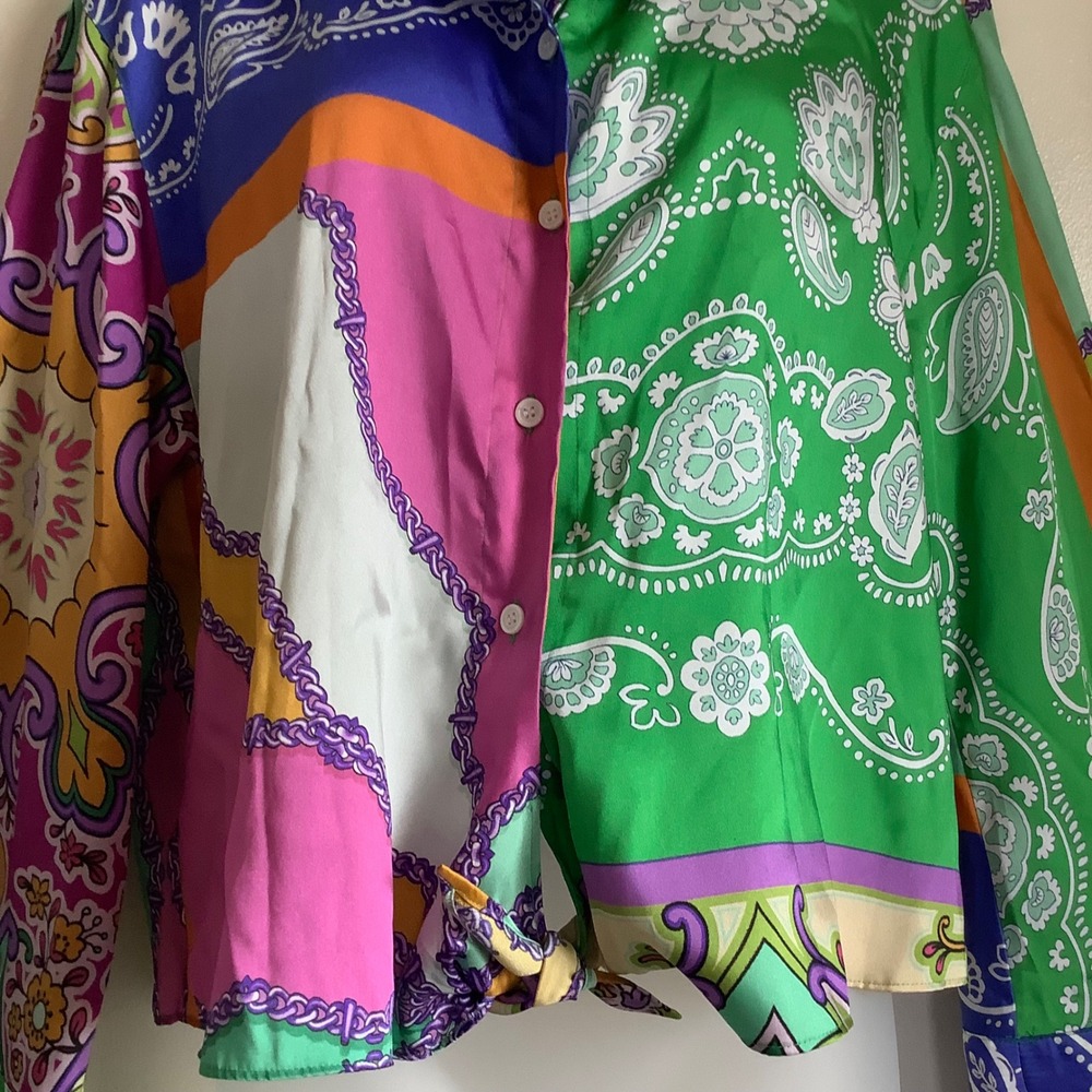 ZARA Womens Patchwork Scarf Print Satin Shirt Multi Color Paisley XL Crop Tie Fr - Picture 9 of 14